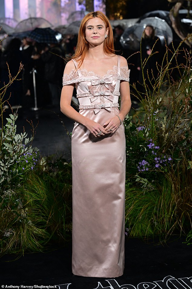 Alison Oliver exuded elegant in a pearly pink gown adorned with bow detailing as she arrived for the premiere