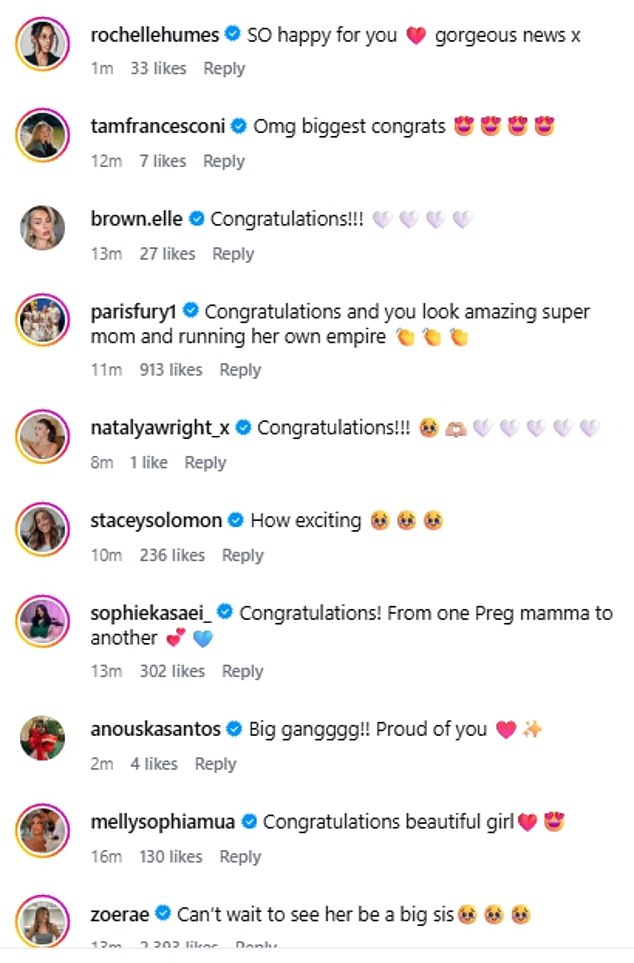 Molly's sister-in-law, Paris Fury wrote: 'Congratulations and you look amazing. Super mum and running her own empire, while Stacey Solomon commented: 'How exciting'