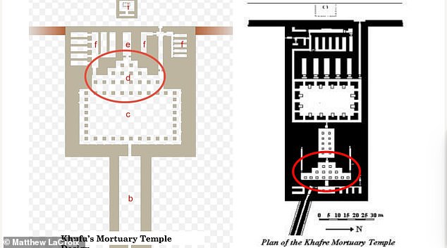 He also identified step pyramid designs inside the mortuary temples of Khafre and Menkaure (left)