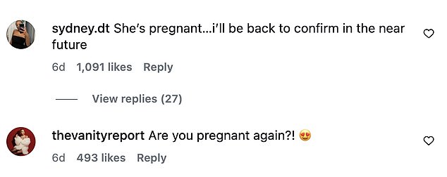 But fans commented: 'She¿s pregnant¿I¿ll be back to confirm in the near future'