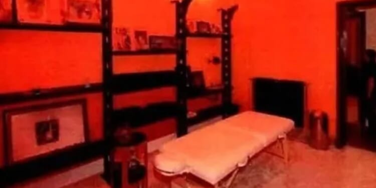 Inside Epstein's Paris lair he decorated with pictures of naked young women as red-walled massage parlour is pictured