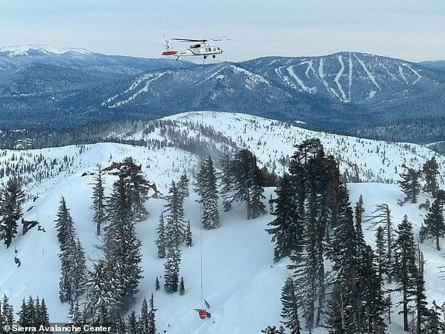 The buckets were dragged across the slope and used for full-load water drops in multiple areas in an effort to stabilize the fragile snowpack and prevent further slides