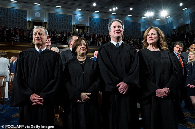 Left to right: Chief Justice John Roberts, Justice Elena Kagan, Justice Brett Kavanaugh and Justice Amy Coney Barrett, attend Trump's State of the Union at the US Capitol on Tuesday, February 24, 2026