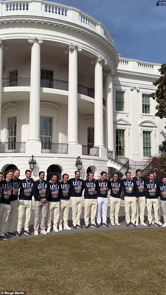 They showed hockey team members posing for a photograph in front of the South Portico