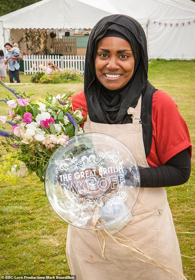 The former Great British Bake Off star claimed this week her religion as a Muslim was a factor in the Beeb's decision not to renew any of her shows after over a decade (pictured on GBBO in 2015)