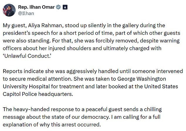 Omar called for an investigation into her constituent's arrest on X