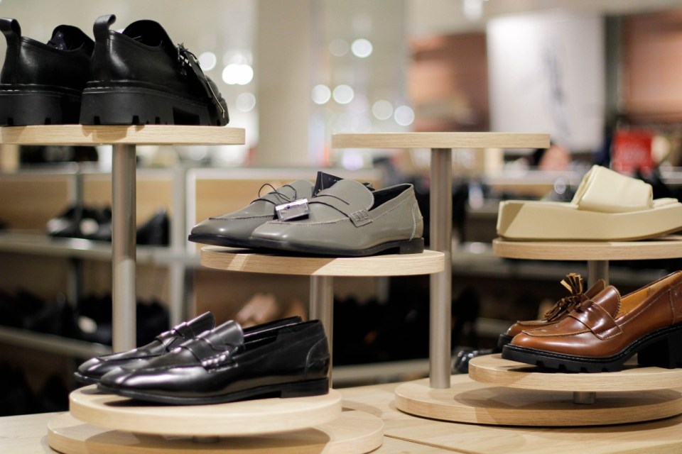 Display of multiple pairs of shoes in a store.