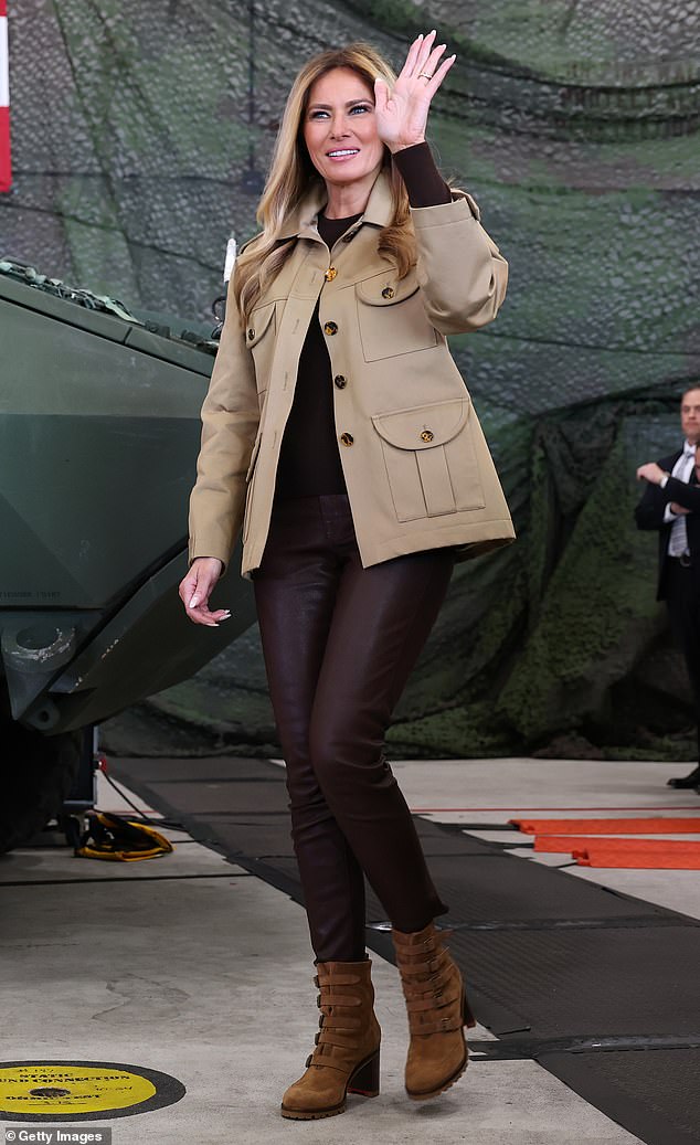 She created a similar buzz when she rocked a pair of brown leather pants in November, while visiting service members at Camp Lejune in North Carolina