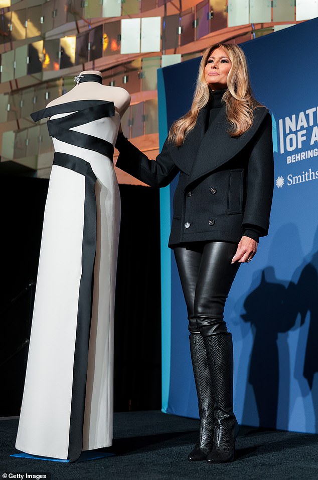 The First Lady also sported a black pair of pants in mid-February as she celebrated the installation of her second inauguration gown's exhibit at the Smithsonian National Museum of American History