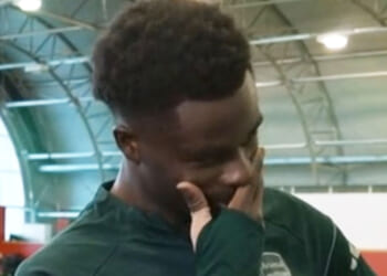 Bukayo Saka chokes back tears and left 'speechless' by gift handed to him after signing new Arsenal contract