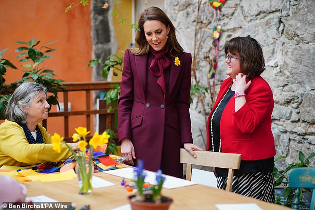 The Princess of Wales chats to volunteers at a cafe at the Hanging Gardens on Thursday