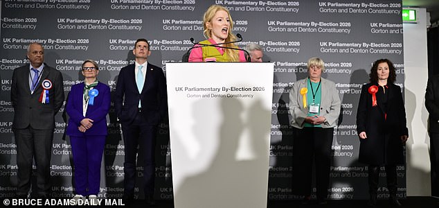 Gorton and Denton By-Election count- By Election winner Green Party candidate Hannah Spencer at Manchester Central Convention Complex.- Pic Bruce Adams / Copy Hardman - 26/2/26