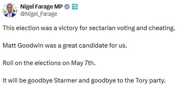 Reform UK leader Nigel Farage claimed the Gorton and Denton by-election was 'a victory for sectarian voting and cheating'