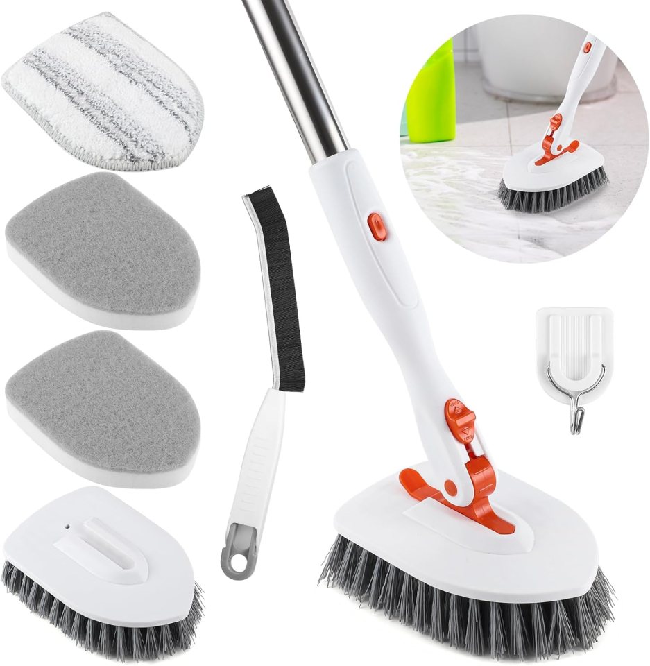 A collage of a long-handled floor scrub brush, replacement scrubbing pads, a grout brush, and a wall hook.