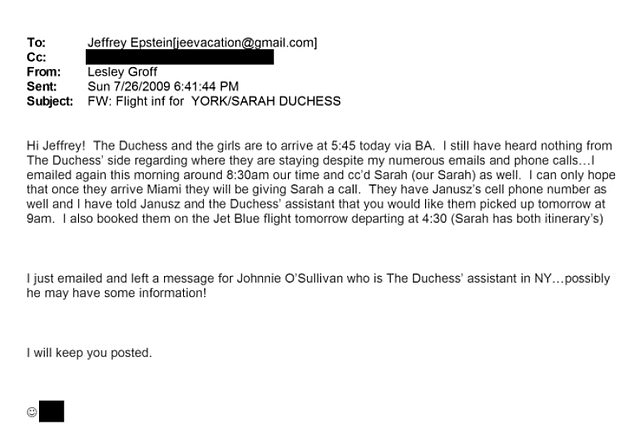 A series of emails show staff scrambling to meet the ex-duchess's requests for the July 2009 visit. Pictured: Email to Epstein from his house manager Lesley Goff about the flight arrangements
