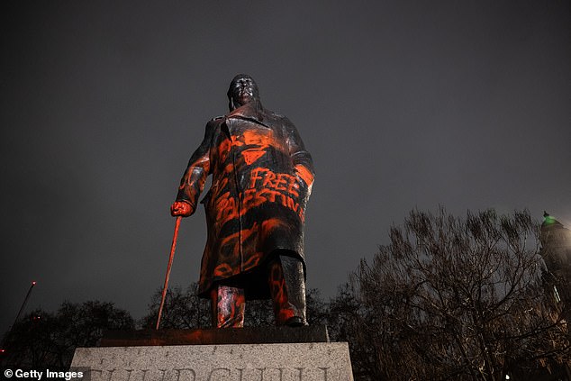 Activists graffitied the slogan 'Free Palestine' onto the statue of Sir Winston Churchill