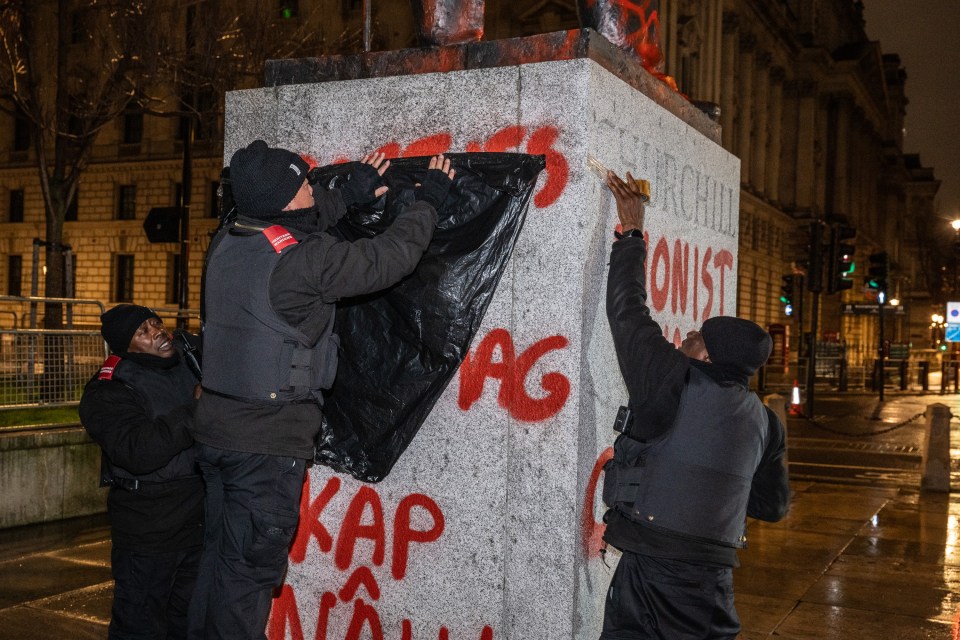 Pro-Palestinian Activists Take Action In London at Churchill statue
