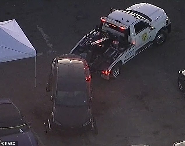 Riva's body was found in the trunk of D4vd's Tesla at a tow yard in Hollywood. The vehicle is pictured getting towed after the gruesome discovery