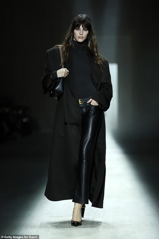 Vittoria Ceretti proved wearing all black doesn't have to be boring as she strutted down the runway in a pair of leather trousers teamed with a fitted top