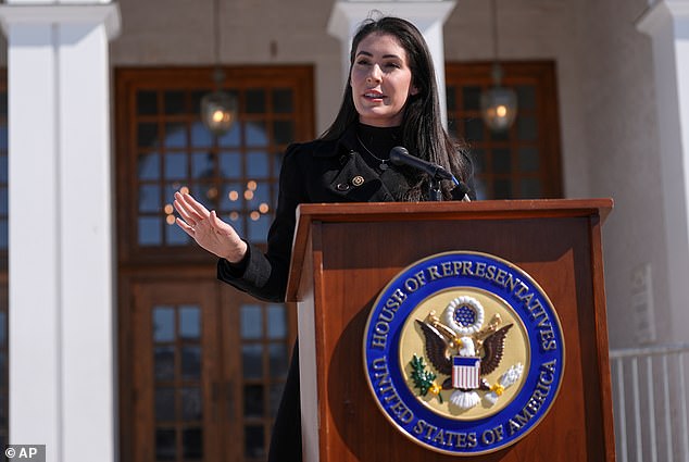 Rep. Anna Paulina Luna, R-Fla., speaks outside the Chappaqua Performing Arts Center where former President Bill Clinton was testifying before U.S. House lawmakers as part of a congressional investigation into convicted sex offender Jeffrey Epstein, Friday