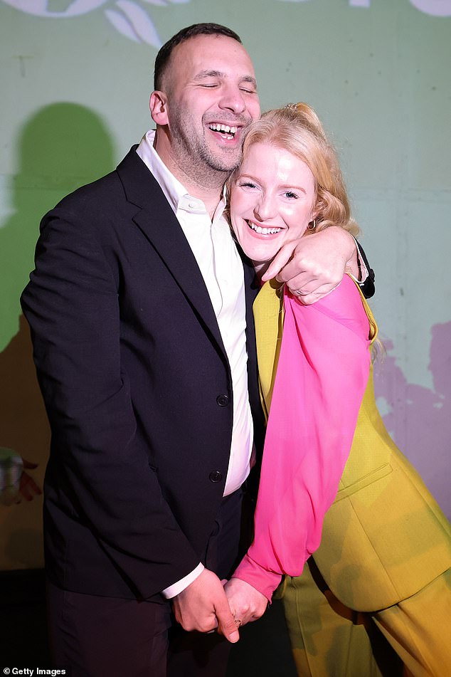 Green Party candidate and winner Hannah Spencer and Green Party leader Zack Polanski celebrate at an election rally with supporters at The Niamos Radical Arts Centre on February 26, 2026 in Manchester, England