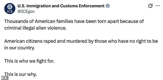 The post read: 'Thousands of American families have been torn apart because of criminal illegal alien violence'