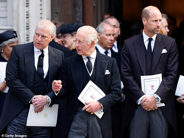 Andrew Mountbatten-Windsor (left) feels he has been 'let down' by his brother and uses strong language when referring to the King (centre) and Prince William (right)