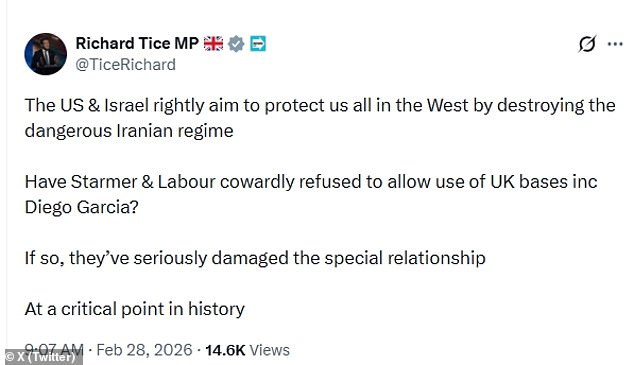 Reform MP Richard Tice took to X to question whether the Prime Minister had refused to allow the US President to use the oversease British military base