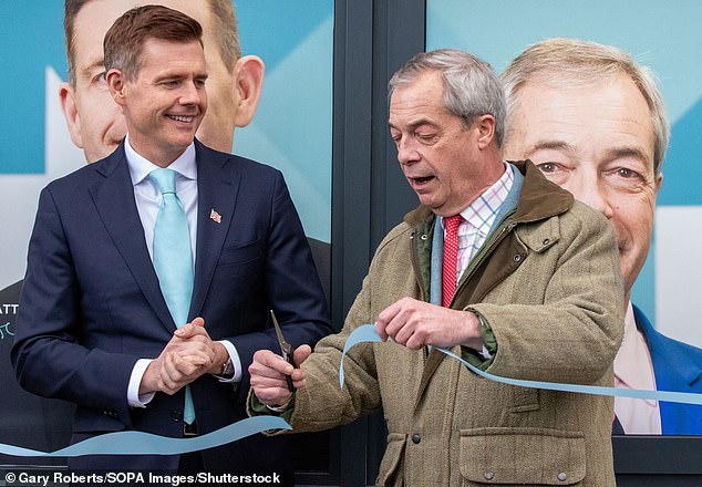 Nigel Farage seen holding scissors to cut the ribbon and Reform UK candidate Matt Goodwin, during the campaign