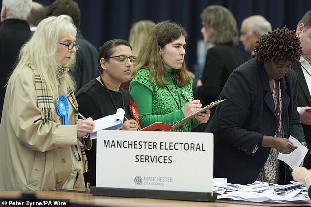 Party observers watch as votes are counted for the Gorton and Denton by-election at Manchester Central