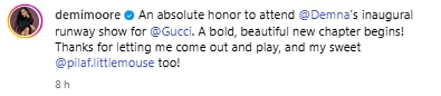 Taking to Instagram after the Gucci show, Demi showed off her new look as she said: 'A bold, beautiful new chapter begins!'