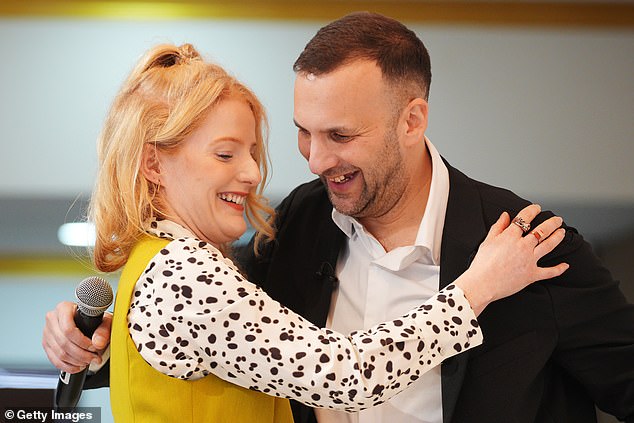 Green Party leader Zack Polanski with new MP Hannah Spencer at a press conference in Manchester yesterday