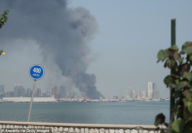 Smoke rises after Iran carried out a missile strike on the main headquarters of the US 5th Fleet in Bahrain