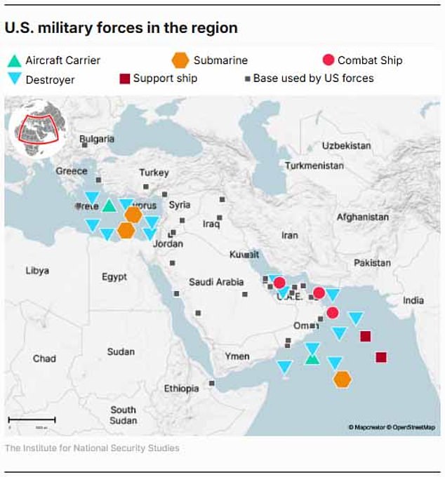 The map depicts US military forces in the region as Trump wages war