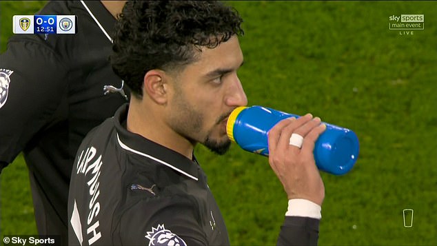 After the game was paused in the 12th minute, City stars Omar Marmoush (pictured), Rayan Ait-Nouri and Ryan Cherki all took on food and water on the touchline