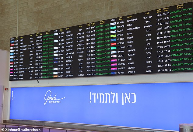 A display board showing the cancellation of all flights at Ben Gurion International Airport near Tel Aviv, Israel, on Saturday