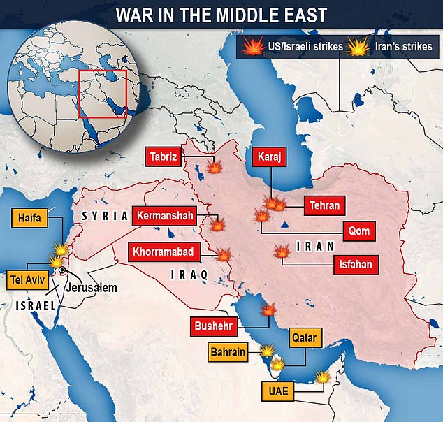This map charts US and Israel's strikes on Iranian targets in red and Iran's retaliatory strikes in Israel, Qatar the United Arab Emirates and Bahrain in orange