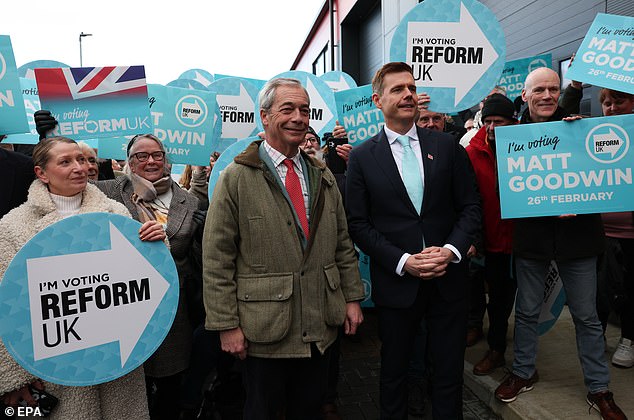 Reform UK's Matt Goodwin (centre right), pictured with party leader Nigel Farage, finished second in the by-election with 28.7 per cent of the vote, a 15 per cent rise compared to the 2024 general election