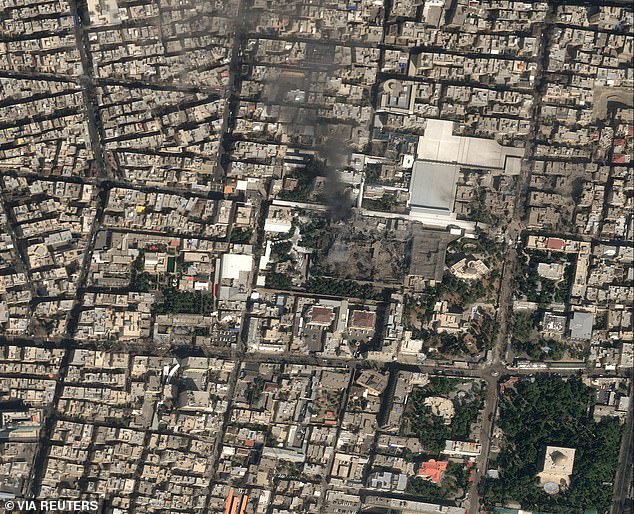 A satellite image shows smoke rising from Khamenei's compound in Tehran following US and Israeli airstrikes on Saturday