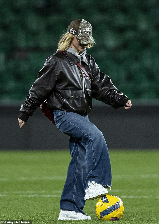 Sydney Sweeney (pictured) took to the pitch in Portugal on Friday night to show off her hidden talents