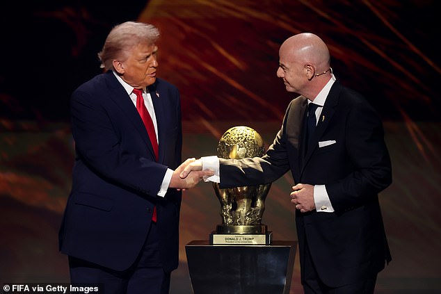 Donald Trump, pictured back in December alongside FIFA president Gianni Infantino, started a military campaign against Iran in the early hours of Saturday