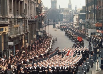 Sir Winston Churchill's coffin is carried down Whitehall during his state funeral on January 30, 1965