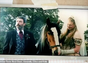 Amanda and Clive Owen look unrecognisable in an old wedding photo as the pair opened up about their big day on Monday's episode of Our Farm Next Door: Amanda, Clive And Kids