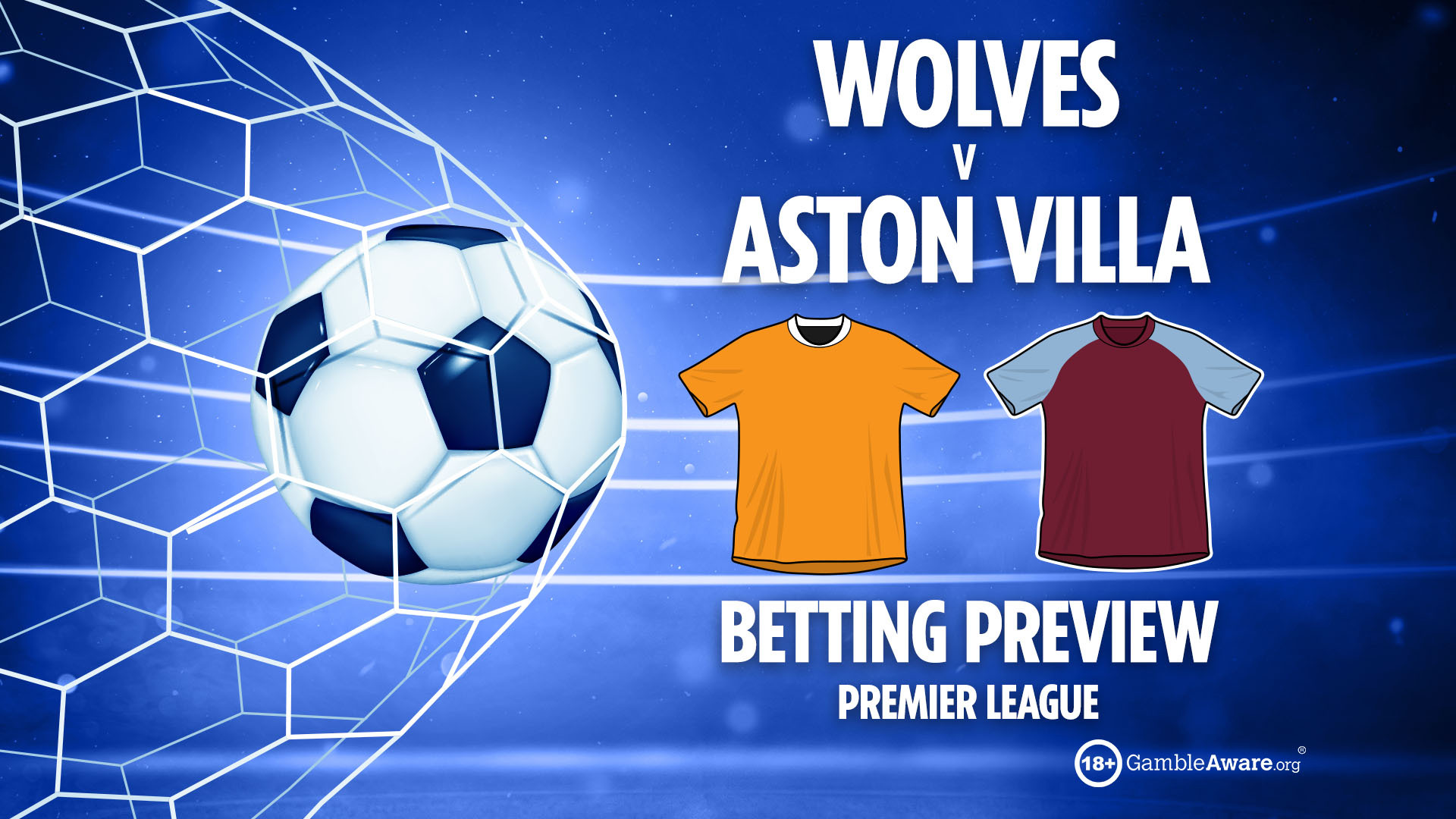 Illustration of a betting preview for the Wolves vs. Aston Villa Premier League match, featuring a soccer ball in a net and team jerseys.