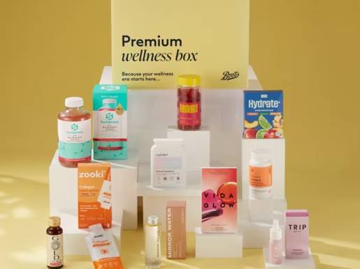 Various wellness products, including beverages, supplements, and skin care, from a Boots "Premium wellness box."