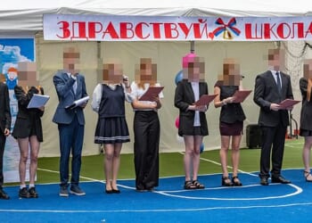 Pupils attending the Russian Embassy school in London are seen singing the Russian national anthem in September 2024