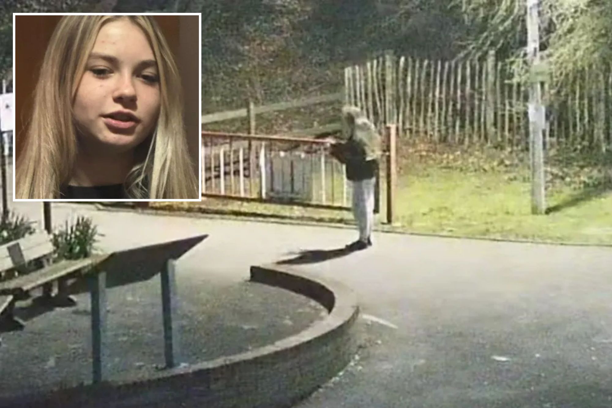 An image collage containing 2 images, Image 1 shows CCTV image of a young person with light-colored hair standing near a metal fence, with stairs and trees in the background, Image 2 shows A young woman with long blonde hair and a black zippered top