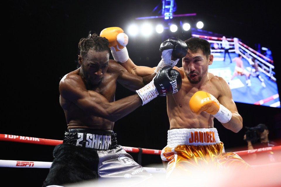 Two boxers exchange punches in a boxing ring.