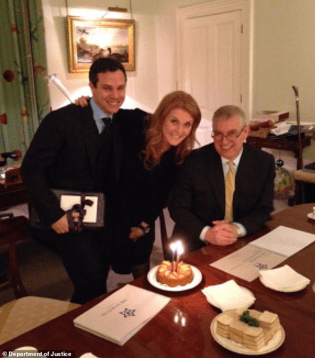 Prince Andrew and Sarah Ferguson pictured smiling with David Stern, a director at Pitch@Palace who kept Epstein up to date until at least 2017