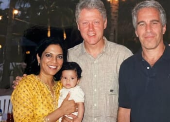 A fake image edited with artificial intelligence showing Mayor Zohran Mamdani as a child with his mother, Mira Nair, next to Bill Clinton and Jeffrey Epstein